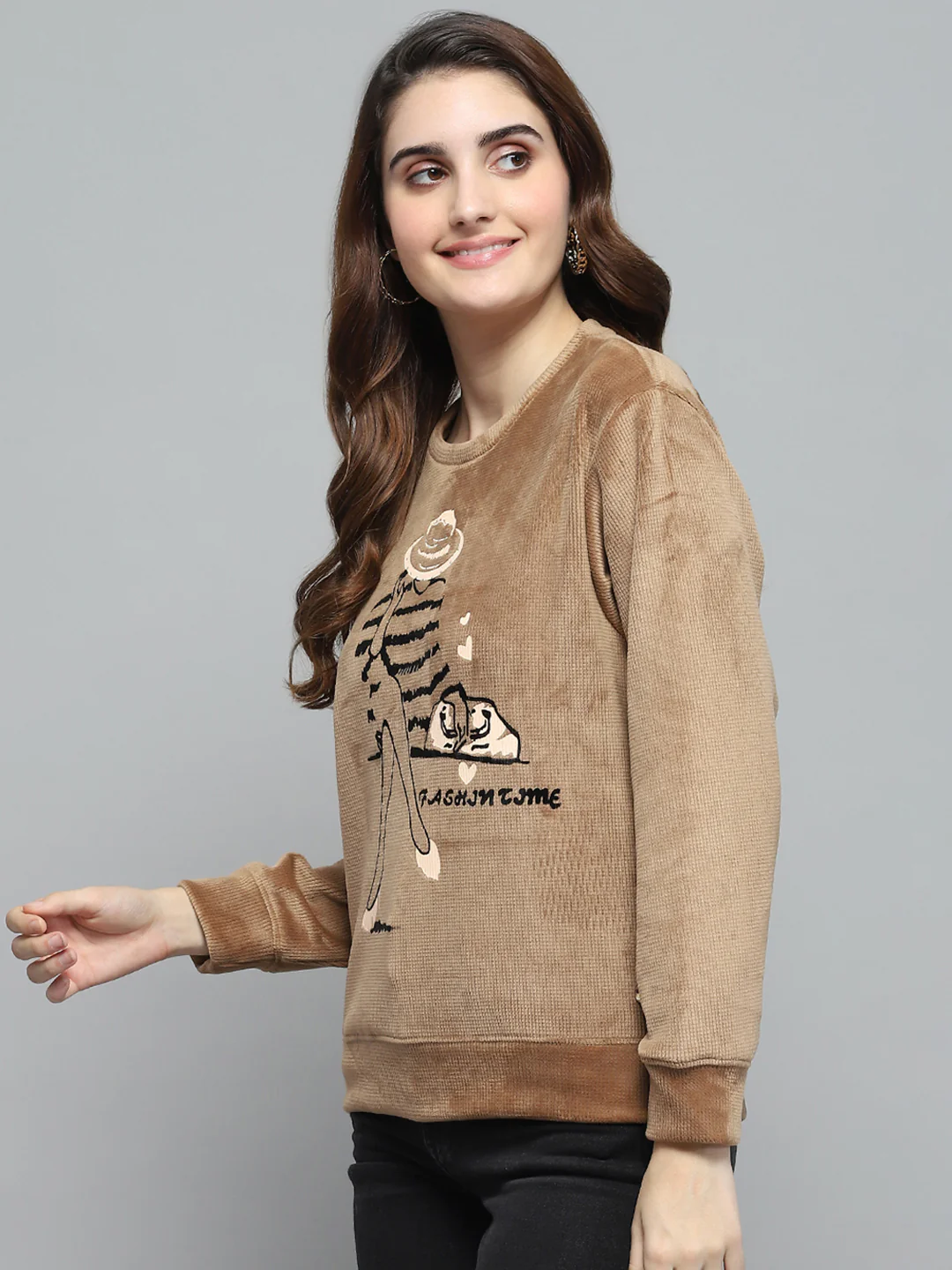 Women Khaki Printed Round Neck Full Sleeve Sweatshirt - Image 4