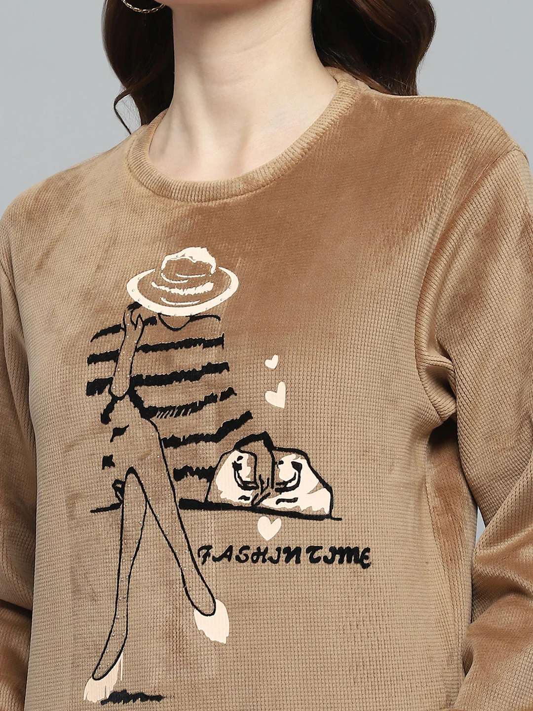 Women Khaki Printed Round Neck Full Sleeve Sweatshirt - Image 7