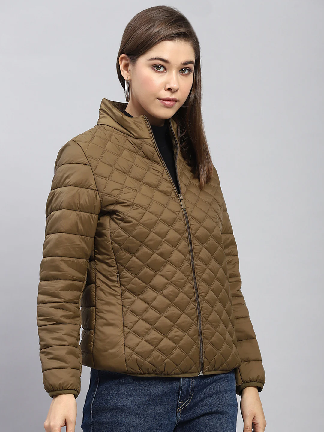 Women Khaki Self Design Mock Neck Full Sleeve Jacket - Image 4