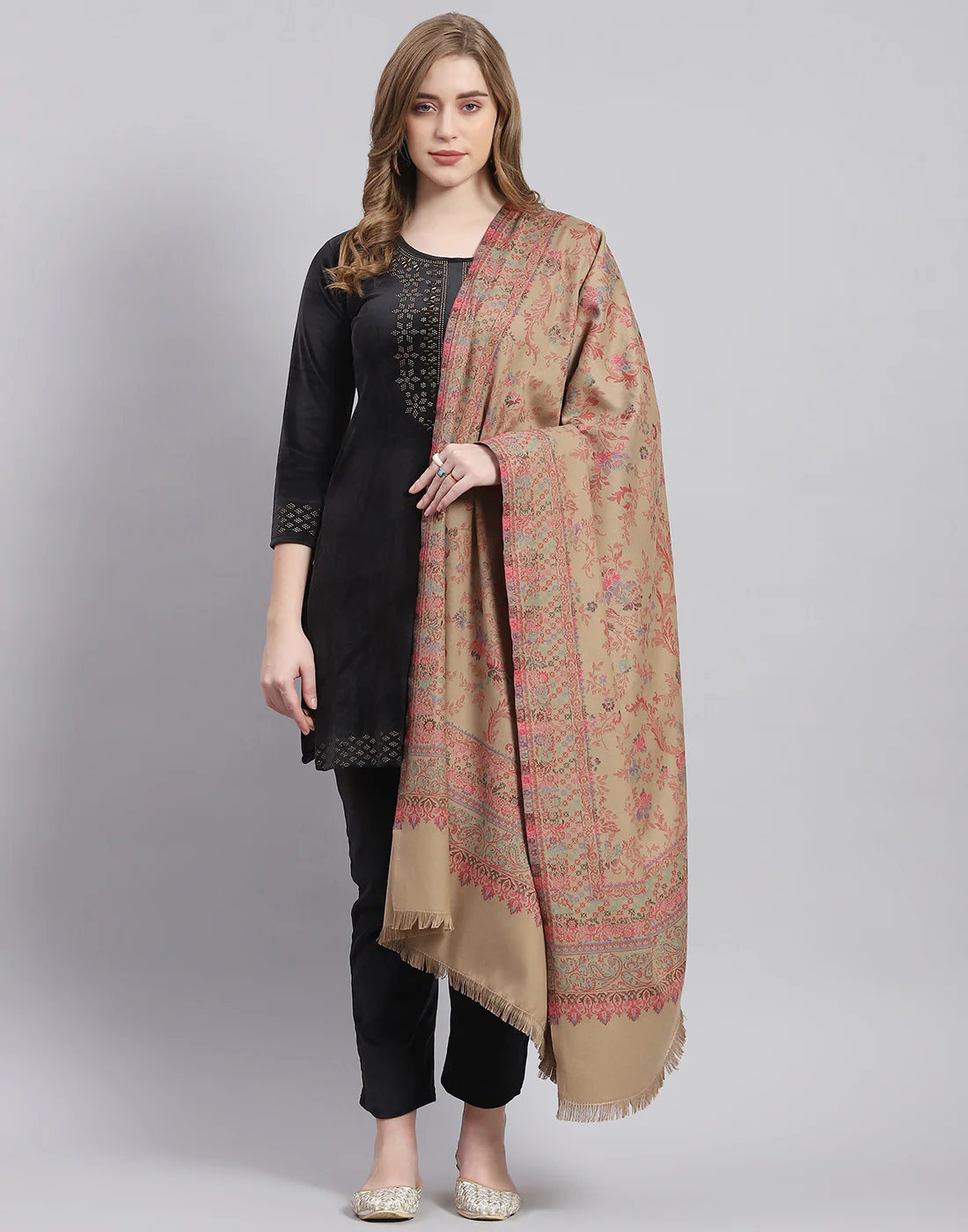 Women Khaki Self Design Shawl - Image 2