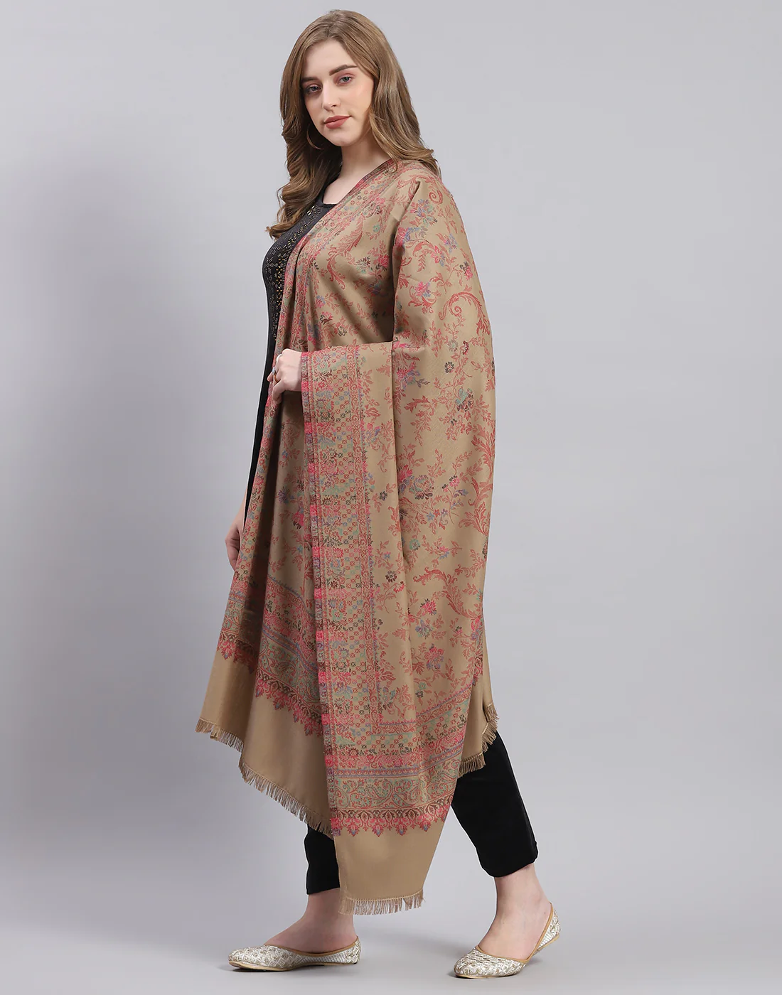 Women Khaki Self Design Shawl - Image 3