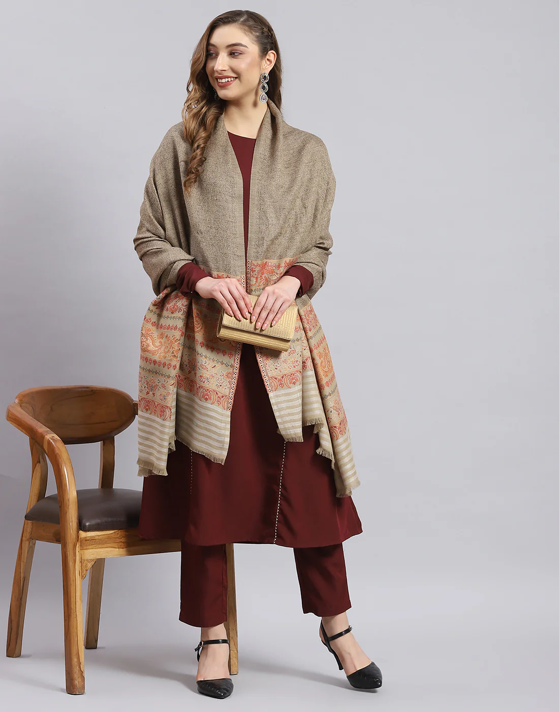 Women Khaki Self Design Shawl - Image 2