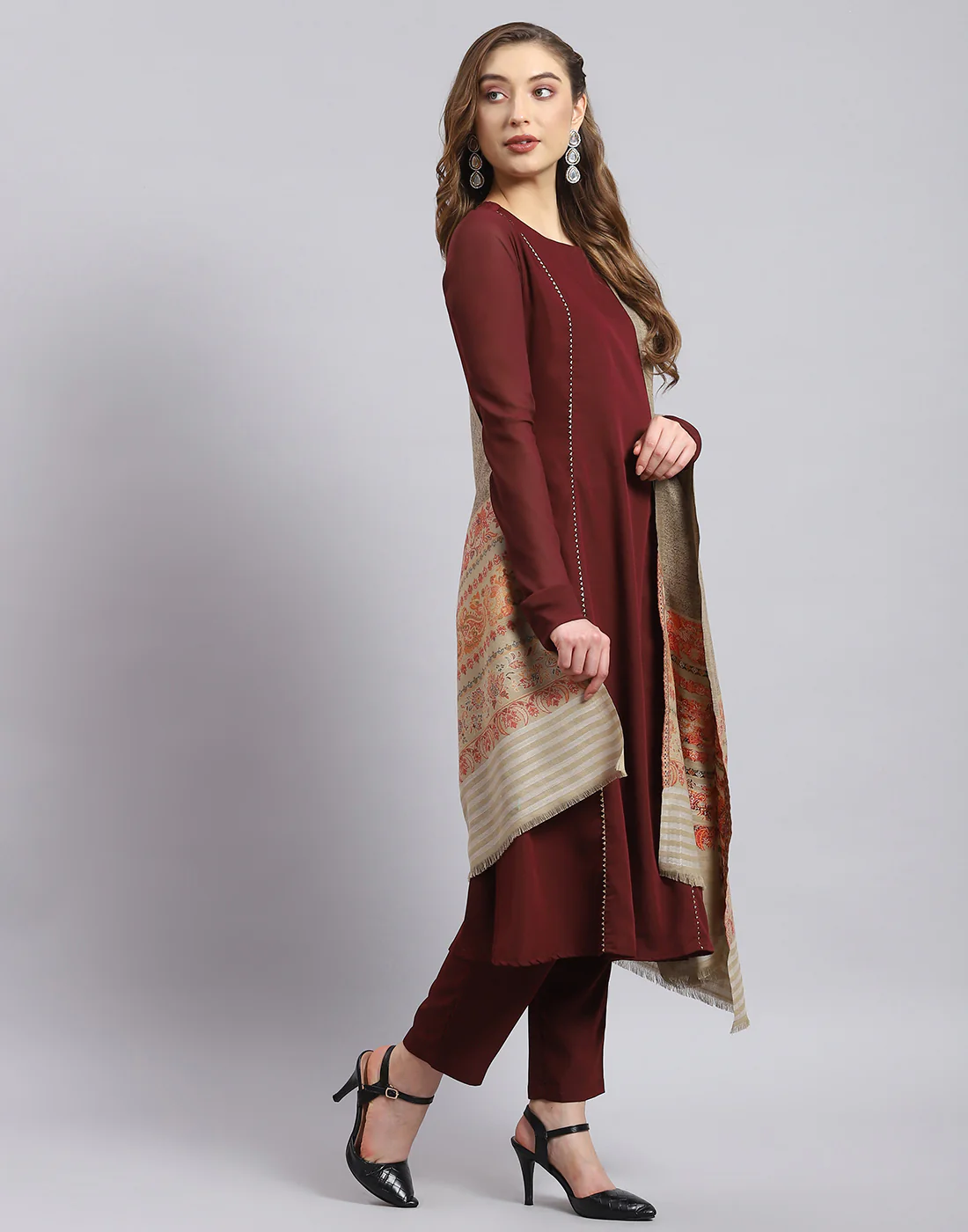 Women Khaki Self Design Shawl - Image 5