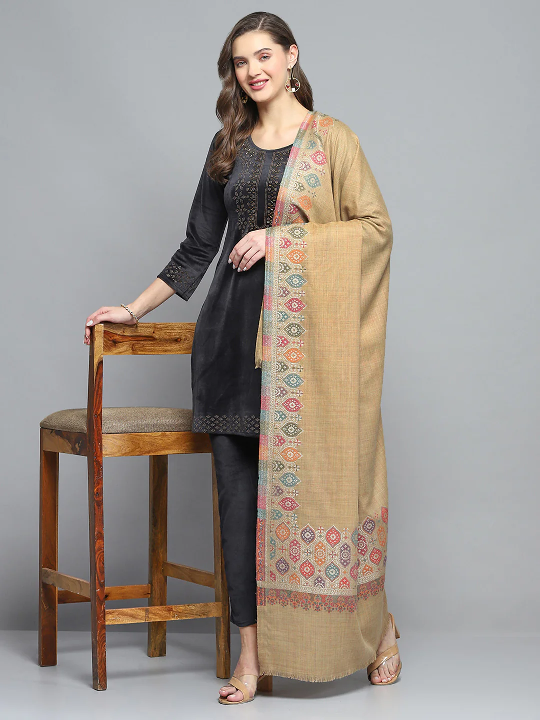 Women Khaki Self Design Shawl - Image 2