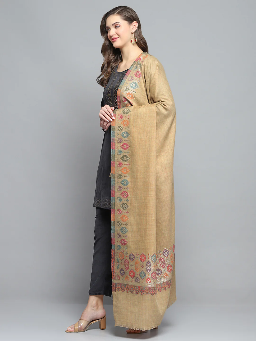 Women Khaki Self Design Shawl - Image 3