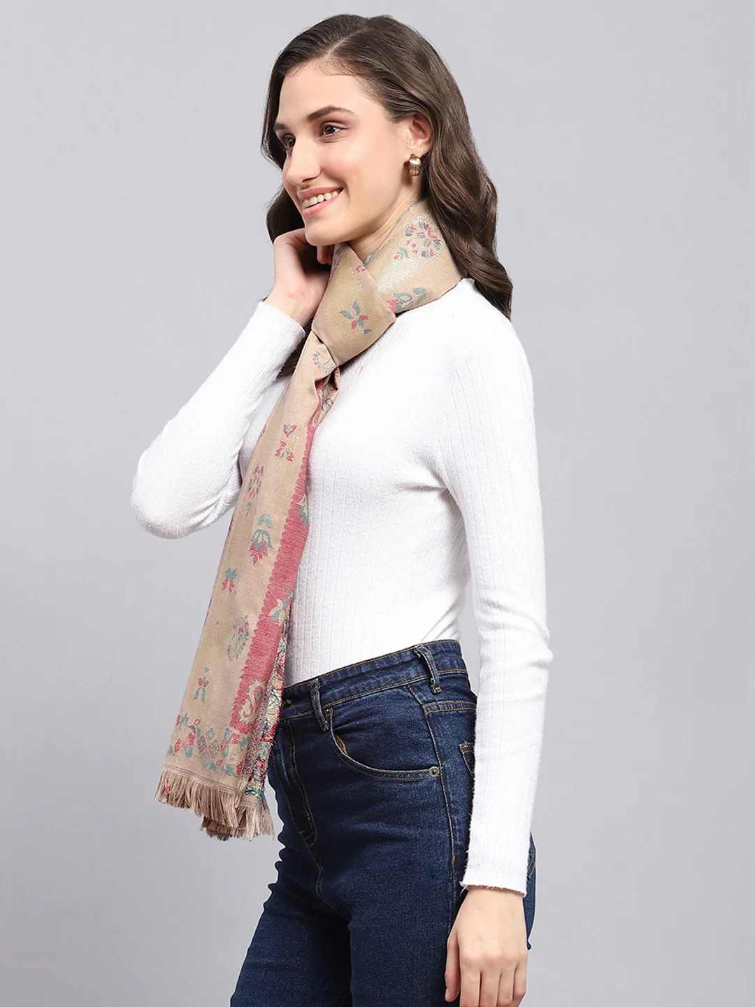 Women Khaki Self Design Stole - Image 4