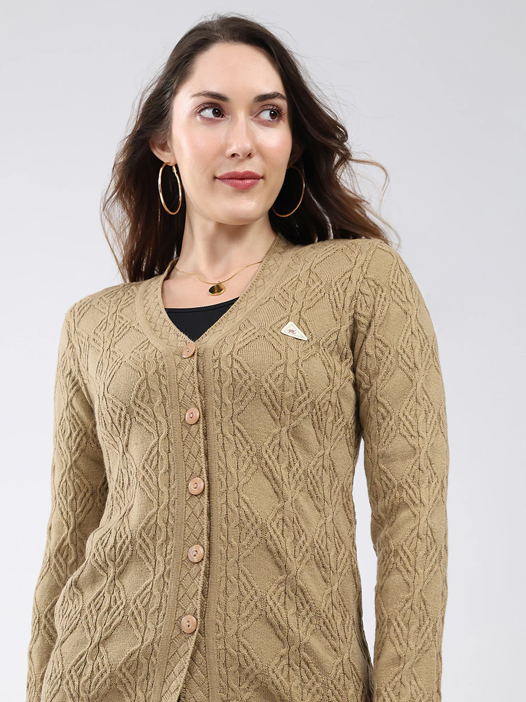 Women Khaki Self Design V Neck Full Sleeve Cardigan - Image 7