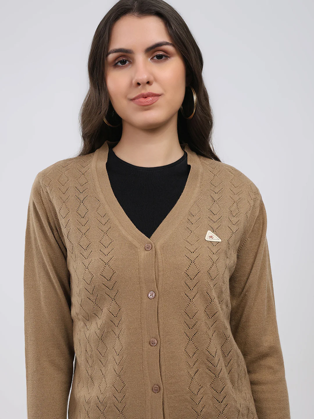 Women Khaki Self Design V Neck Full Sleeve Cardigan - Image 6