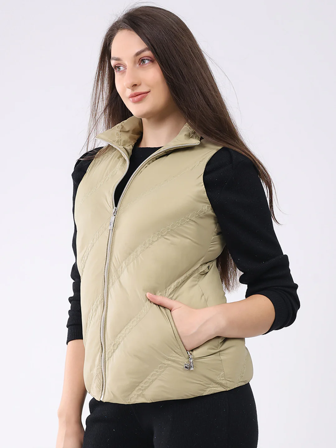 Women Khaki Solid Collar Sleeveless Jacket - Image 3