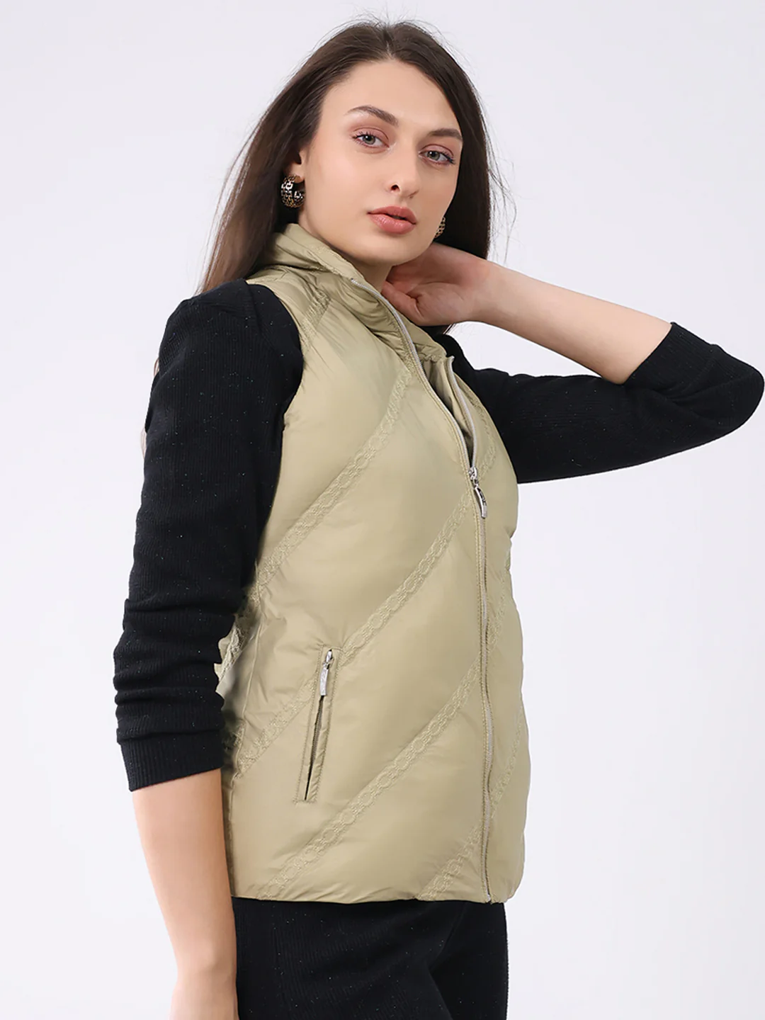 Women Khaki Solid Collar Sleeveless Jacket - Image 4