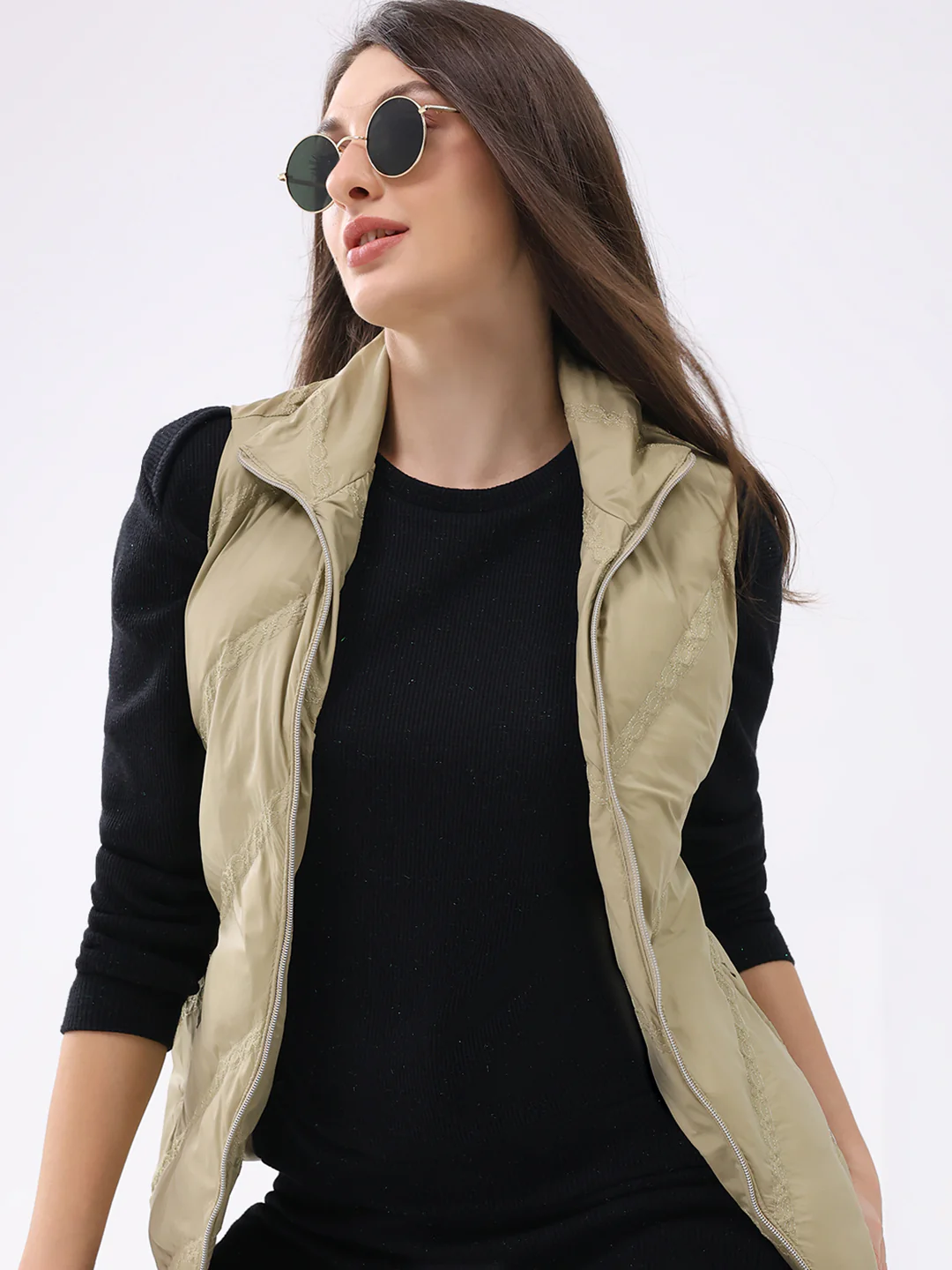 Women Khaki Solid Collar Sleeveless Jacket - Image 6