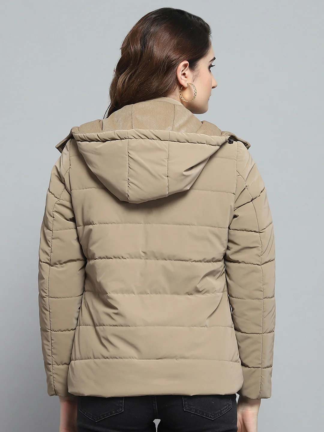 Women Khaki Solid Detachable Hood Full Sleeve Jacket - Image 2