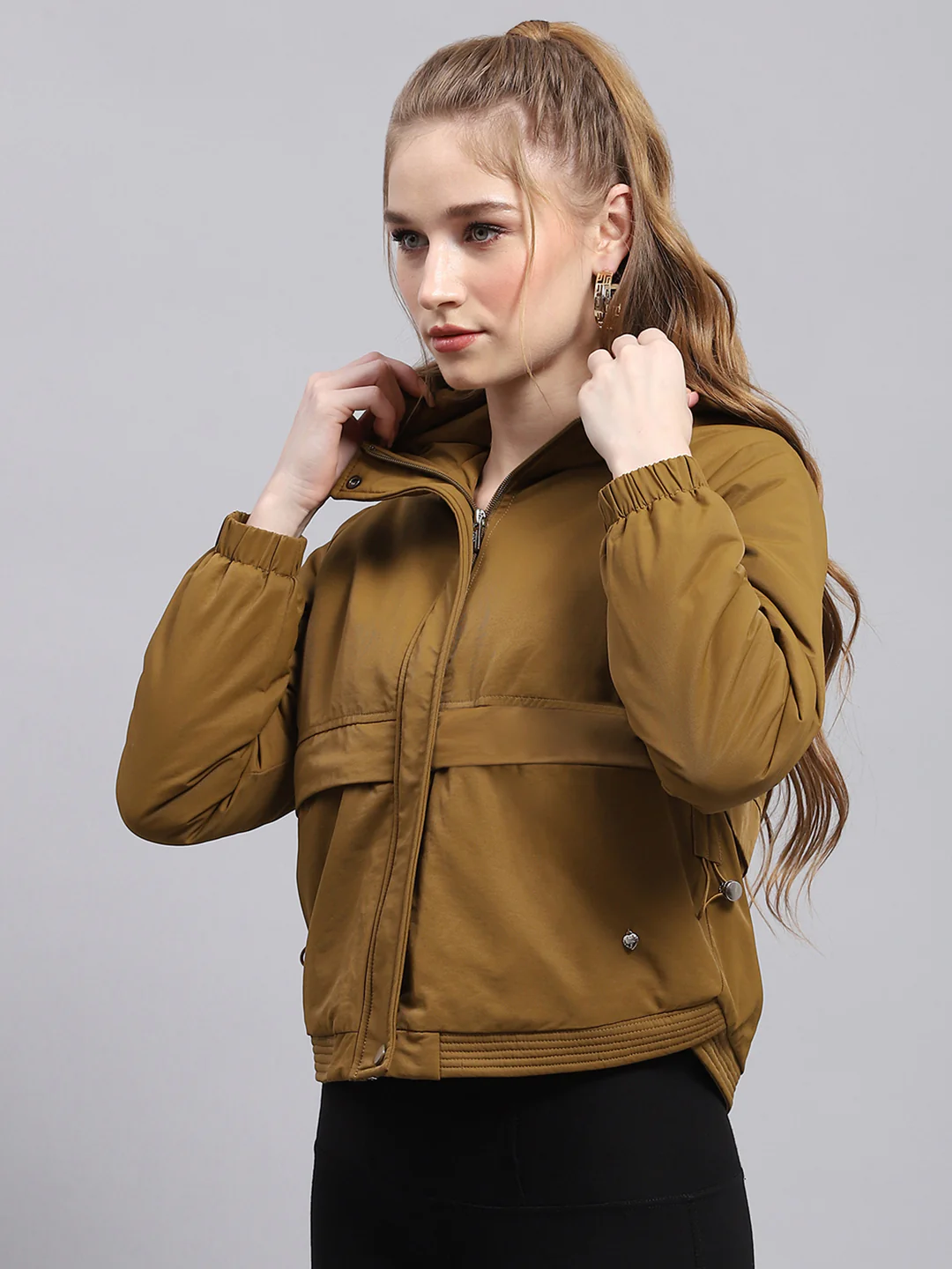 Women Khaki Solid Hooded Full Sleeve Jacket - Image 3