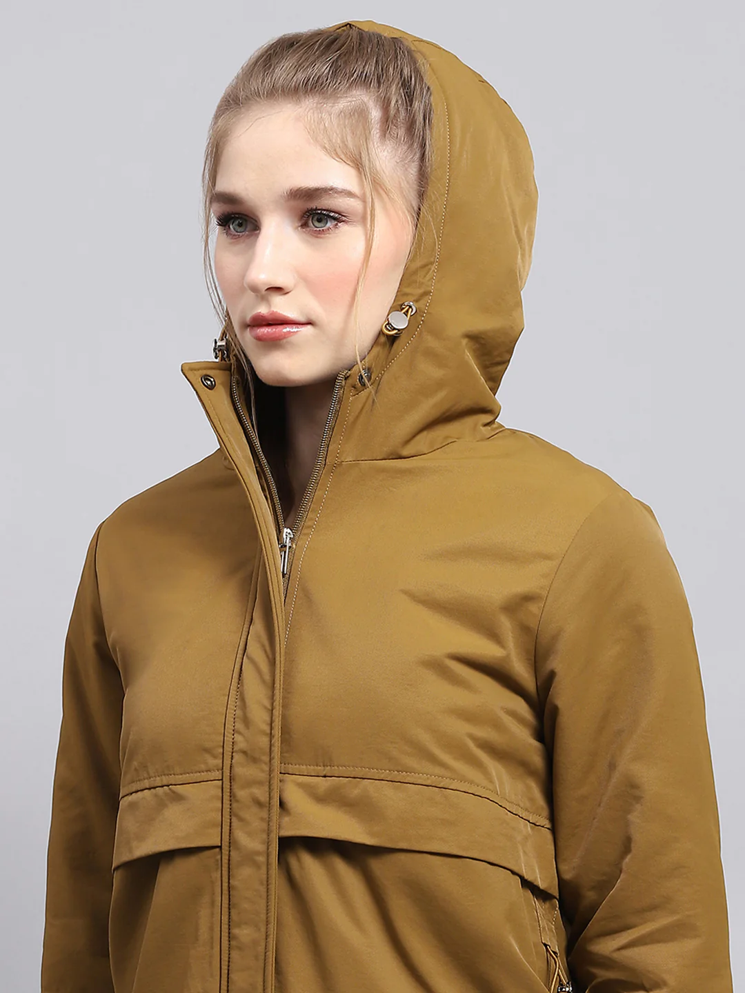 Women Khaki Solid Hooded Full Sleeve Jacket - Image 7