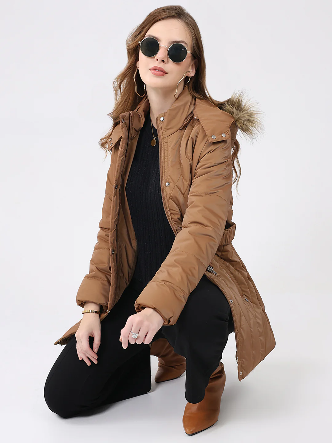 Women Khaki Solid Hooded Full Sleeve Jacket - Image 2