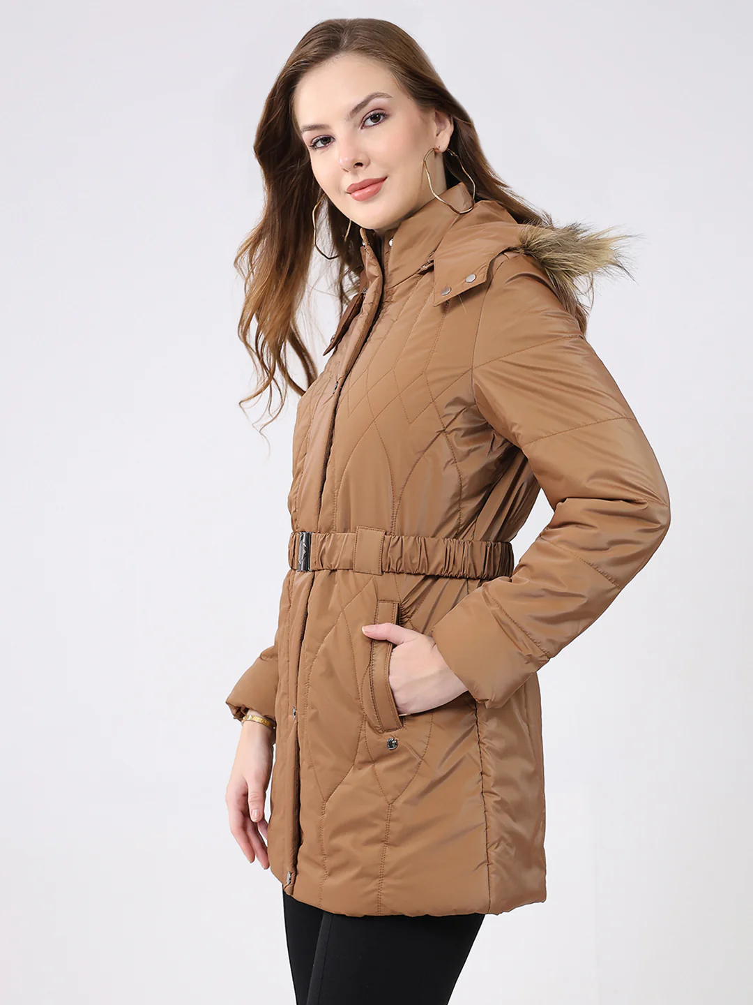 Women Khaki Solid Hooded Full Sleeve Jacket - Image 3