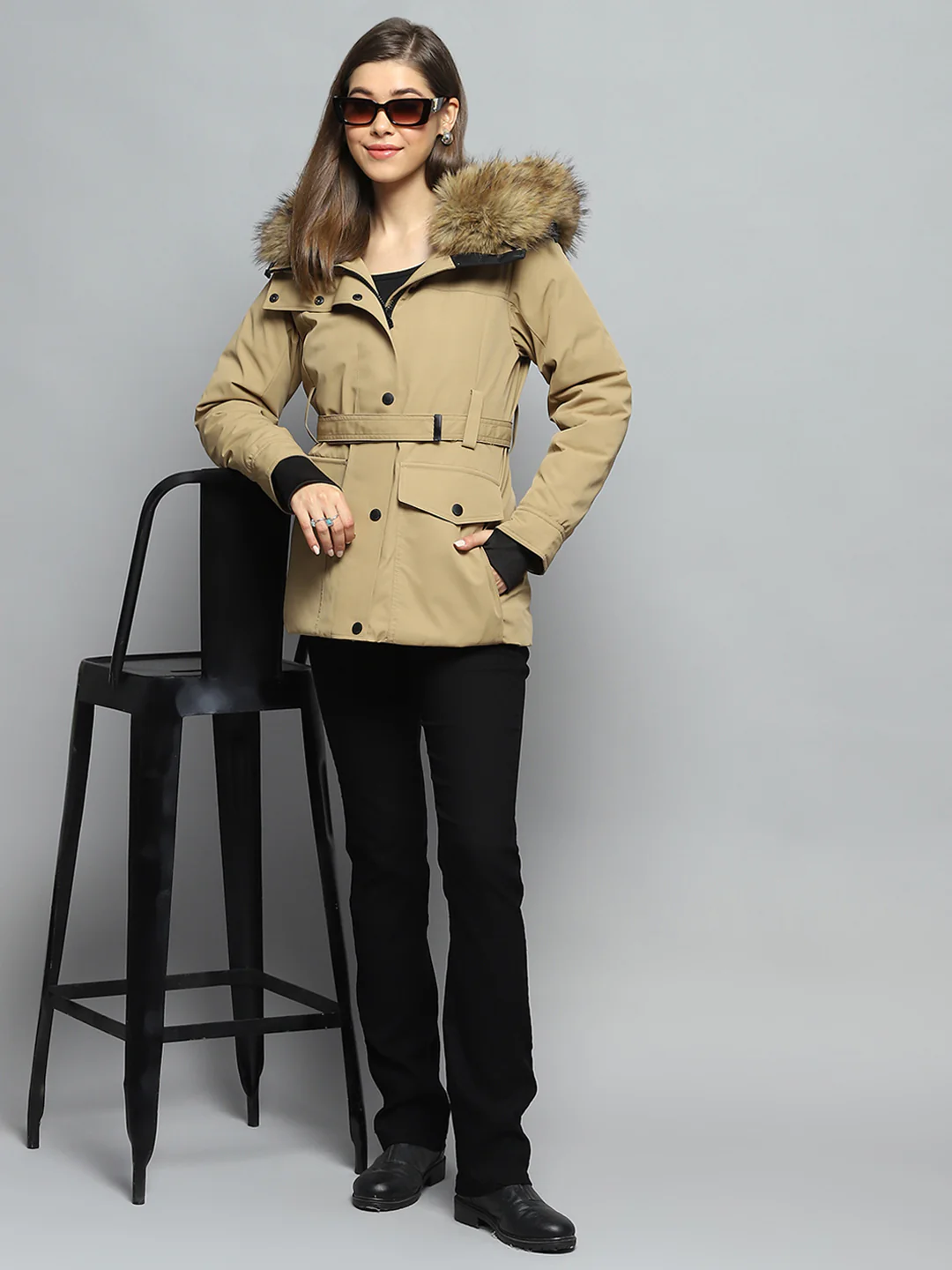 Women Khaki Solid Hooded Full Sleeve Jacket - Image 2