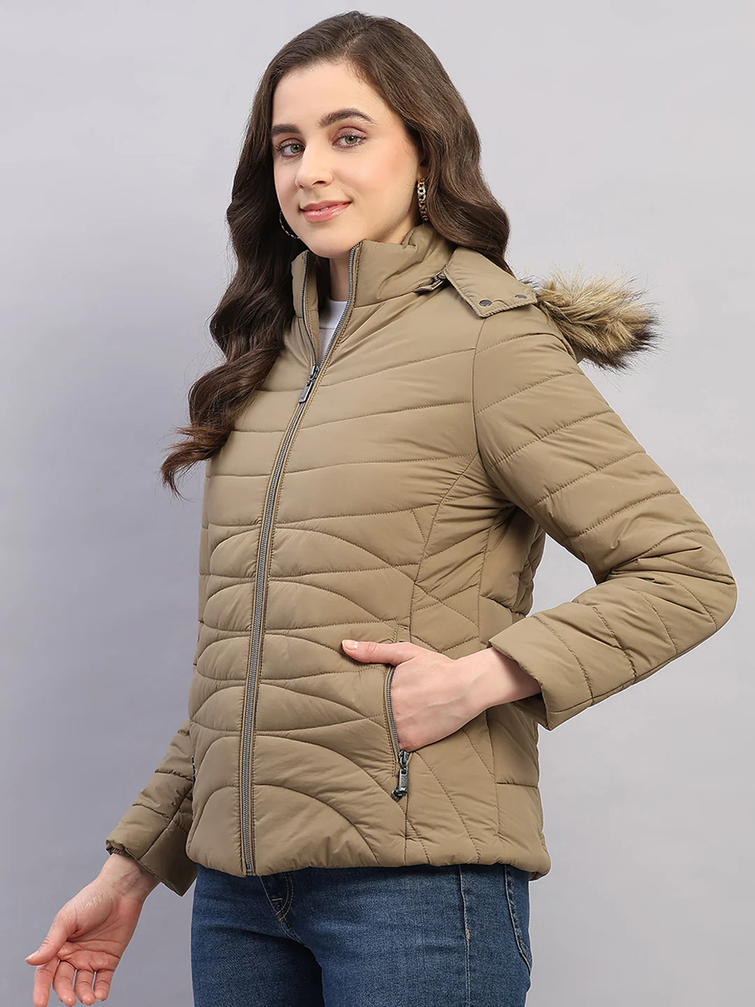 Women Khaki Solid Hooded Full Sleeve Jacket - Image 3