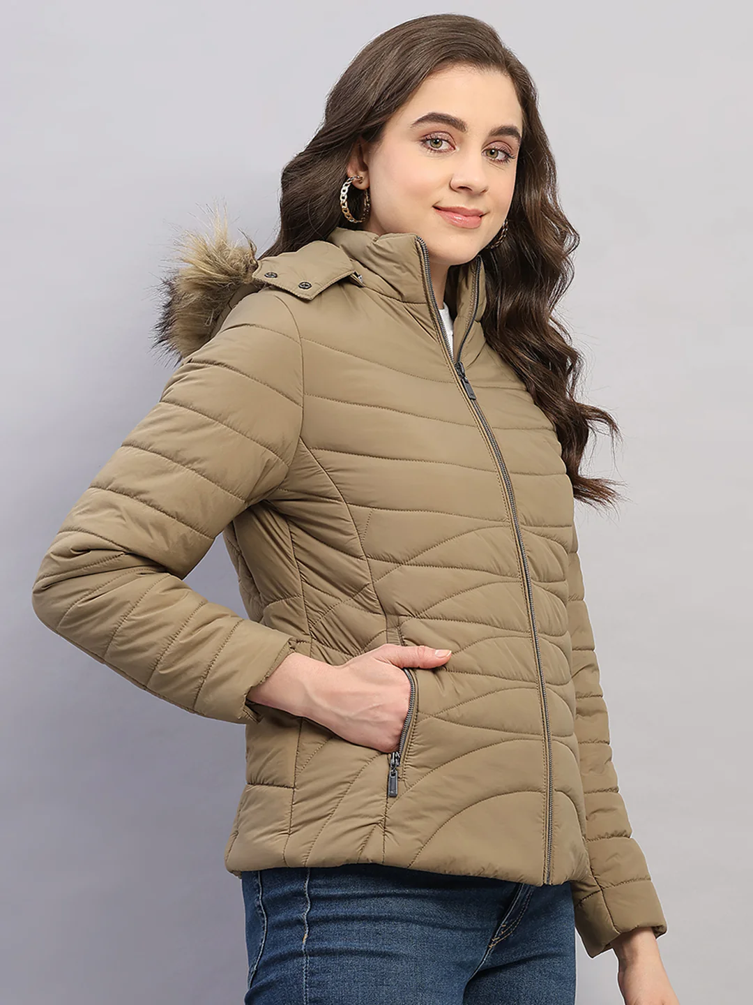 Women Khaki Solid Hooded Full Sleeve Jacket - Image 4