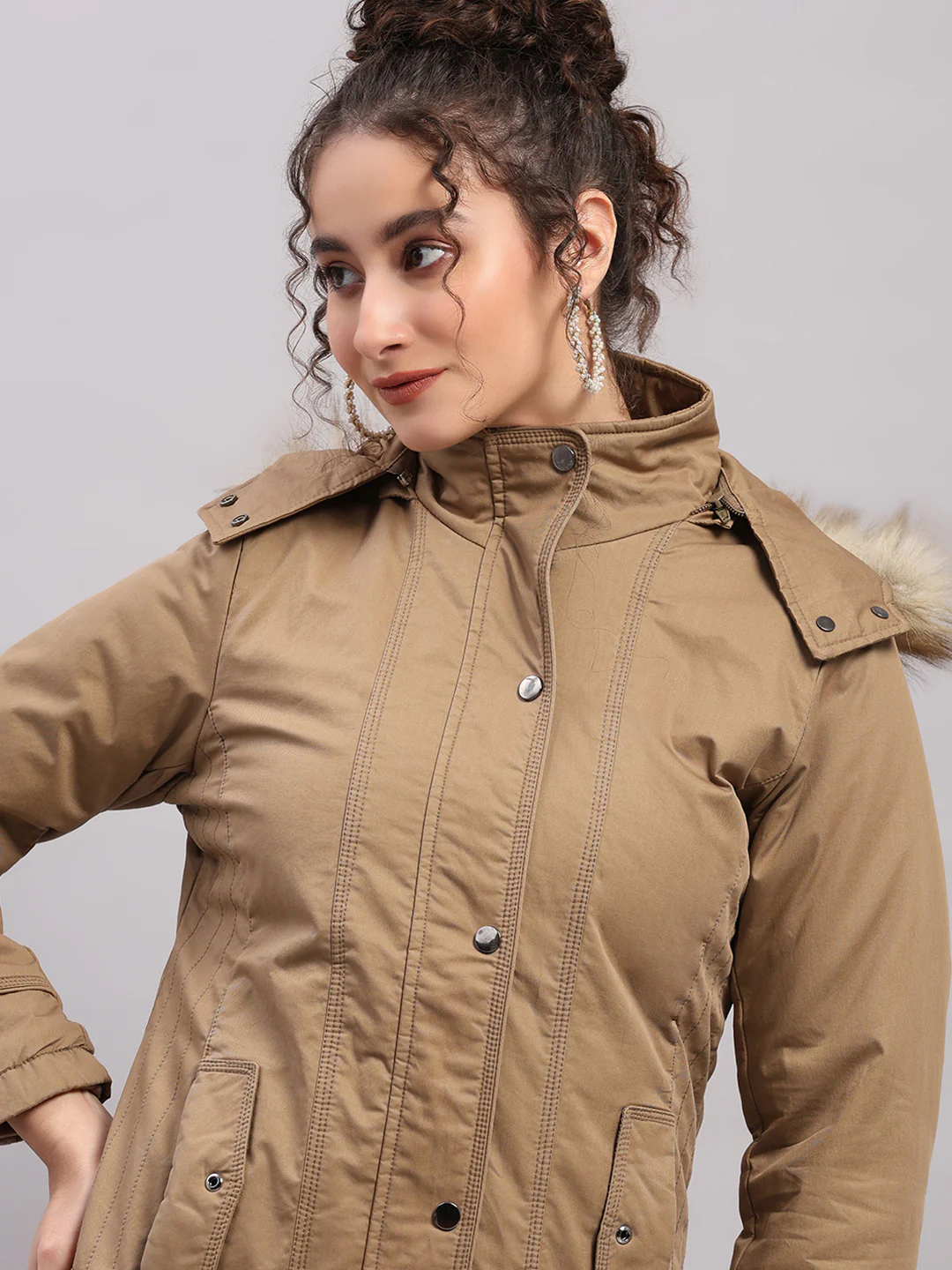 Women Khaki Solid Hooded Full Sleeve Jacket - Image 7