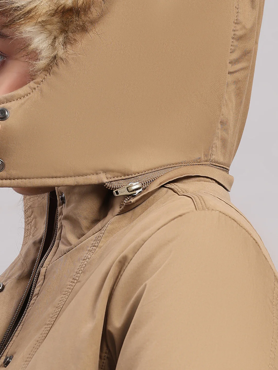Women Khaki Solid Hooded Full Sleeve Jacket - Image 8
