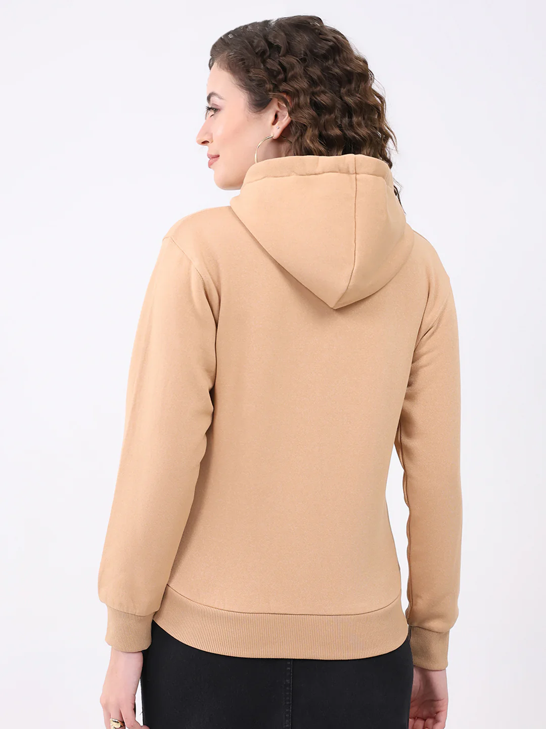 Women Khaki Solid Hooded Full Sleeve Sweatshirt - Image 5