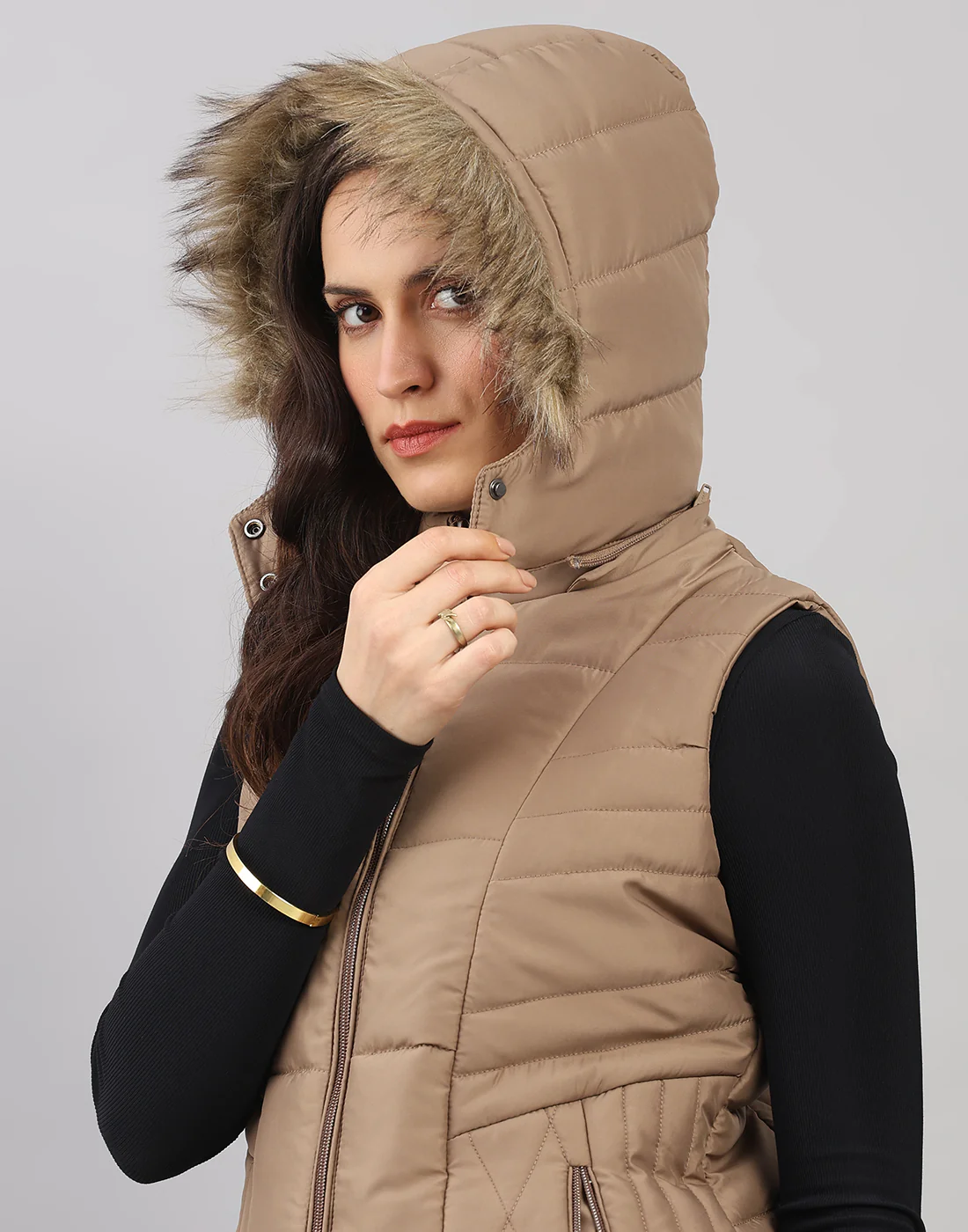 Women Khaki Solid Hooded Sleeveless Jacket - Image 6