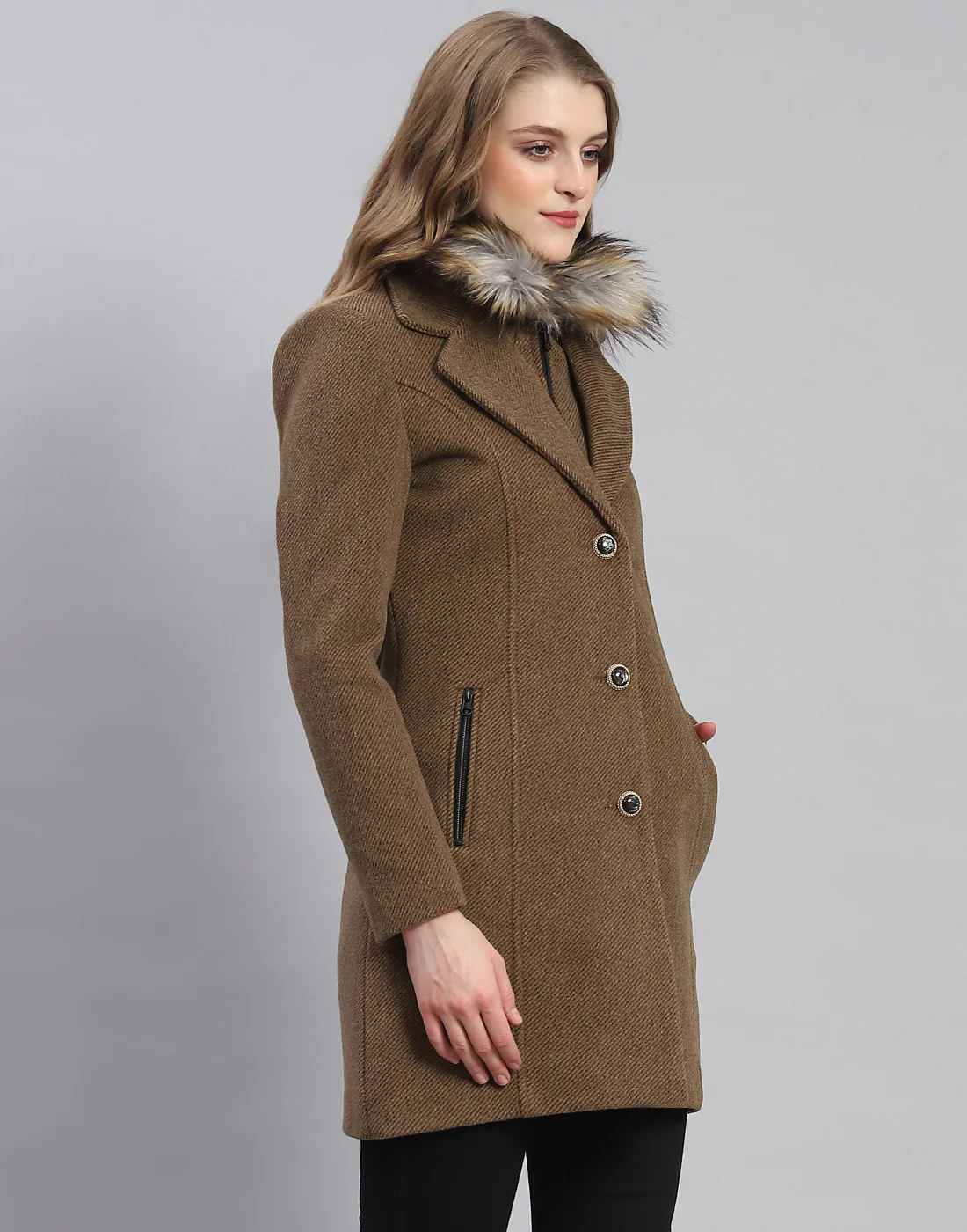 Women Khaki Solid Lapel Collar Full Sleeve Coat - Image 5