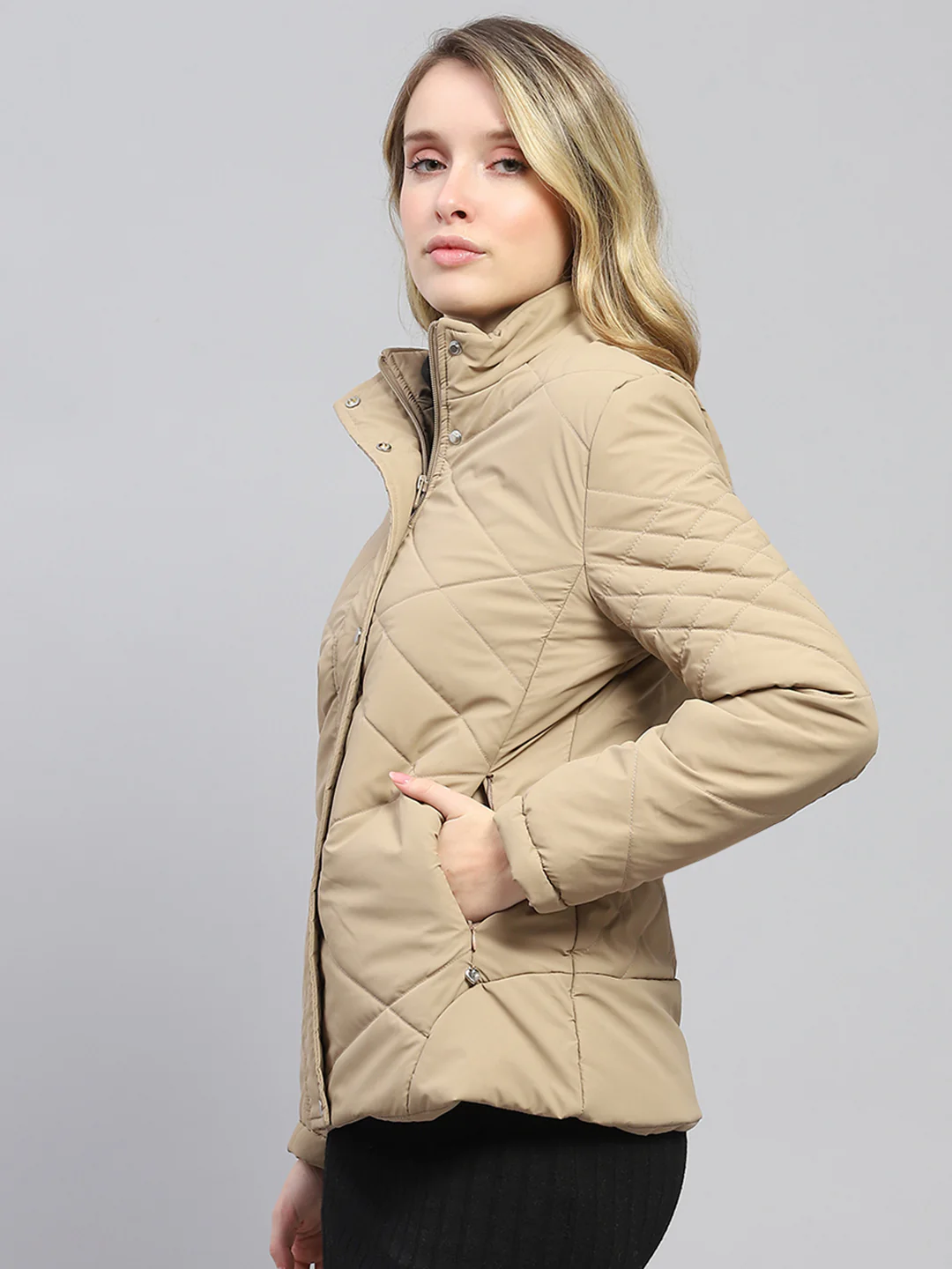 Women Khaki Solid Mock Neck Full Sleeve Jacket - Image 3