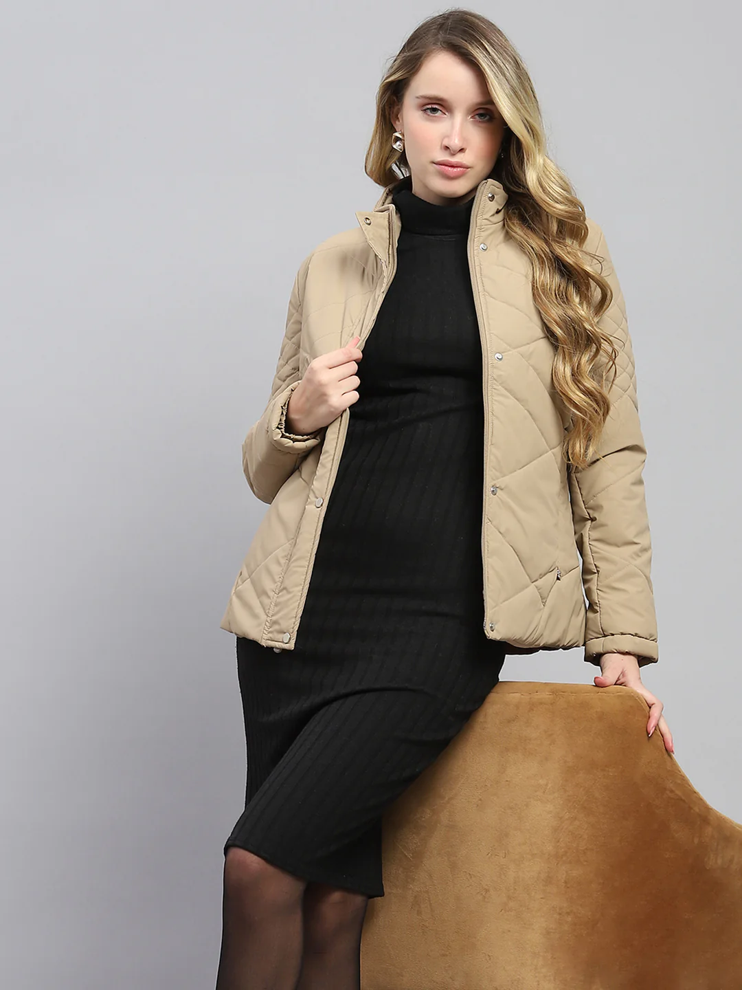 Women Khaki Solid Mock Neck Full Sleeve Jacket - Image 6