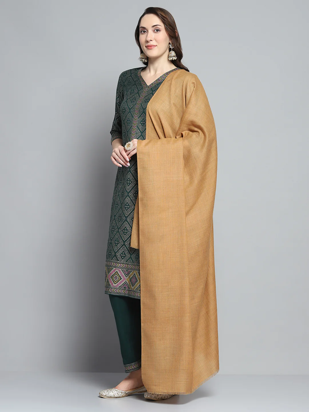 Women Khaki Solid Shawl - Image 3