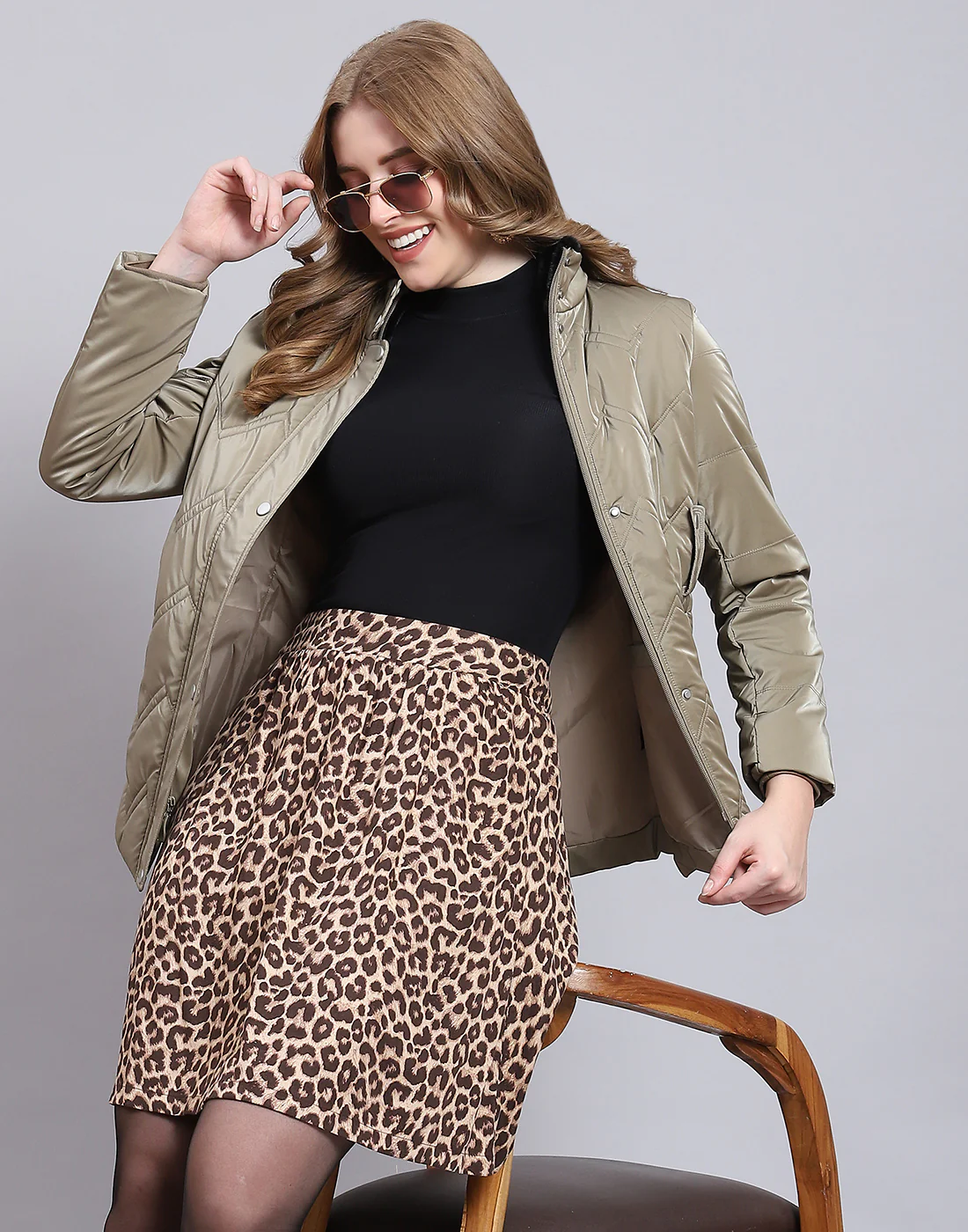 Women Khaki Solid Stand Collar Full Sleeve Jacket - Image 2