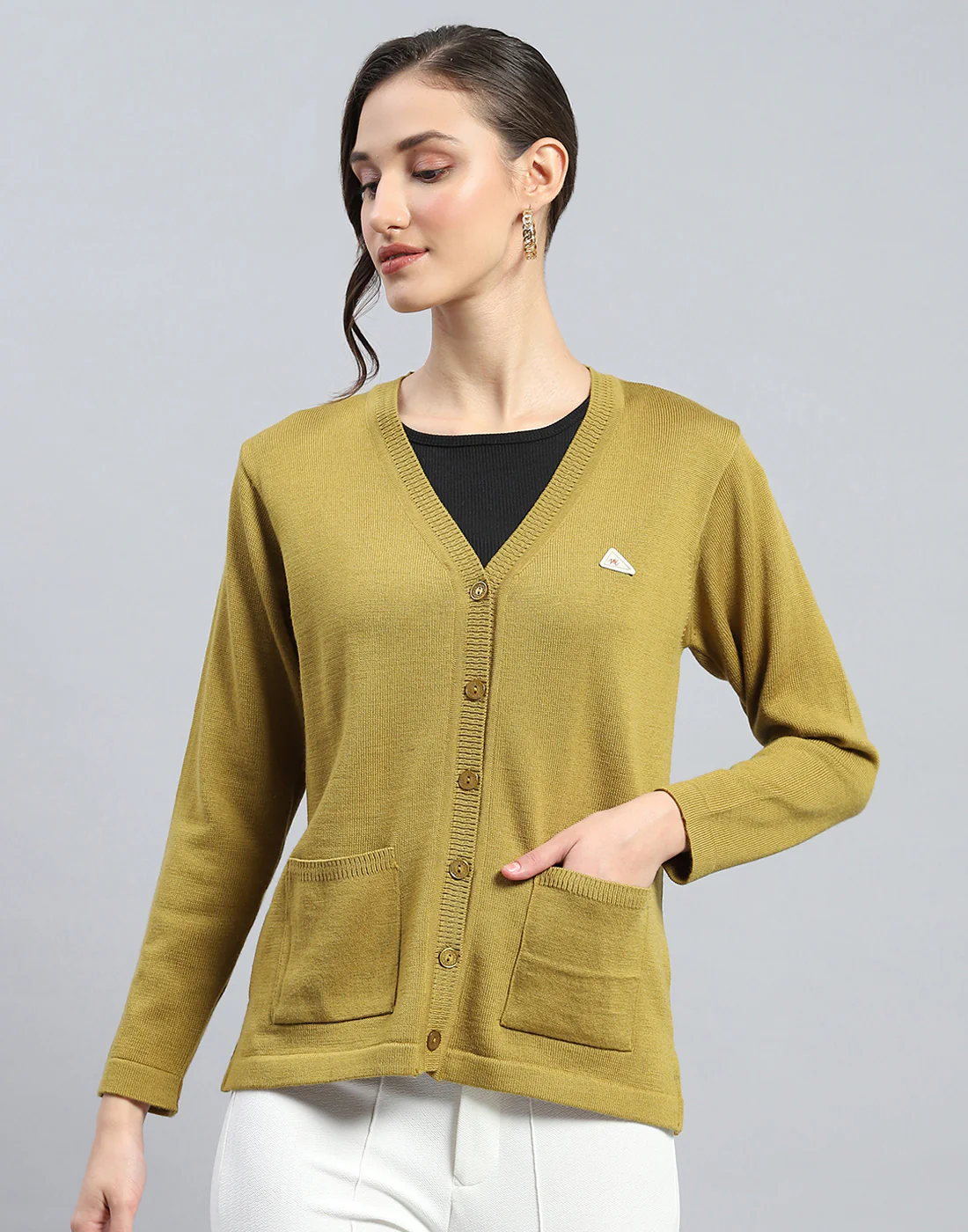 Women Khaki Solid V Neck Full Sleeve Cardigan - Image 2