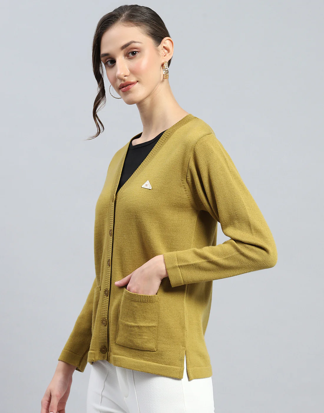 Women Khaki Solid V Neck Full Sleeve Cardigan - Image 3