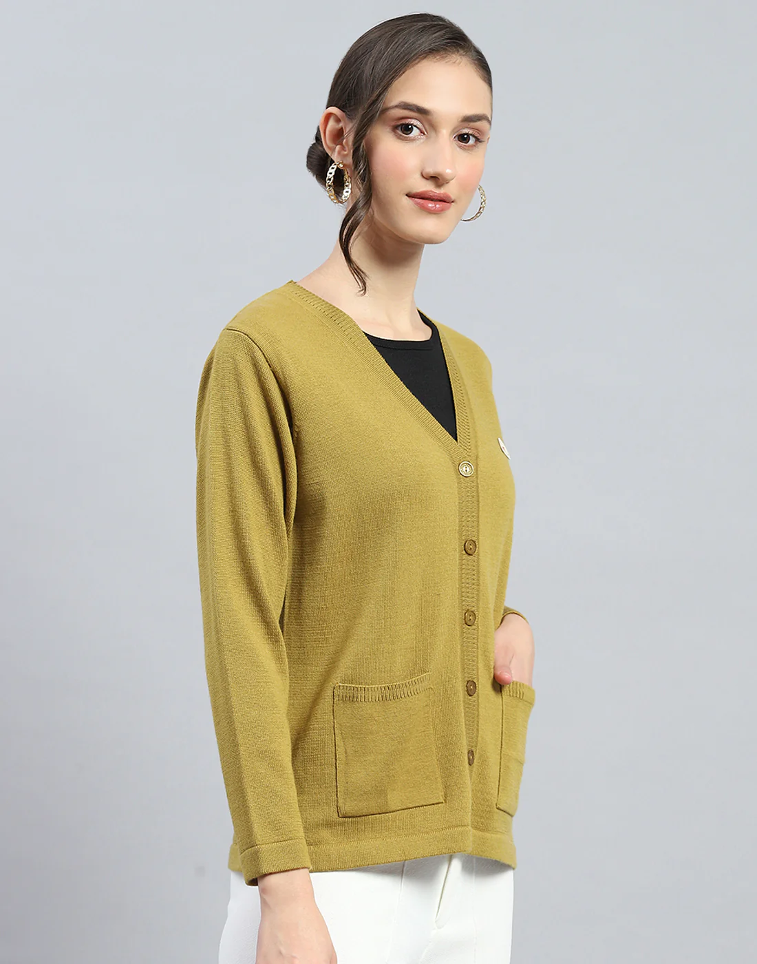 Women Khaki Solid V Neck Full Sleeve Cardigan - Image 4