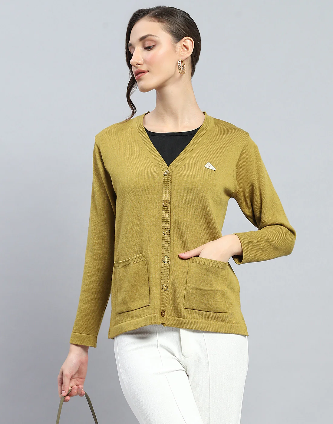 Women Khaki Solid V Neck Full Sleeve Cardigan - Image 6