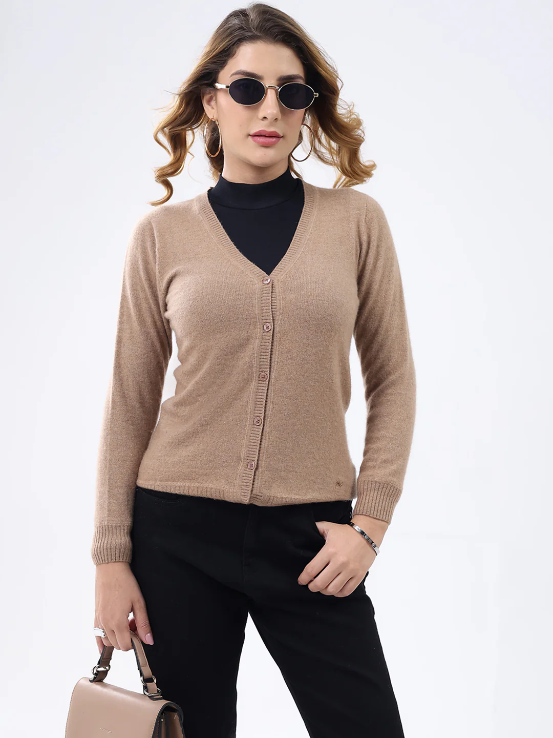 Women Khaki Solid V Neck Full Sleeve Cardigan - Image 6