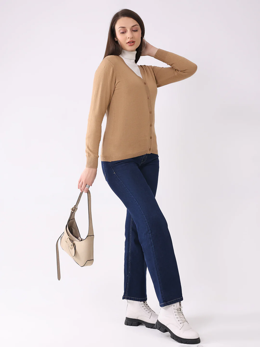 Women Khaki Solid V Neck Full Sleeve Cardigan - Image 2