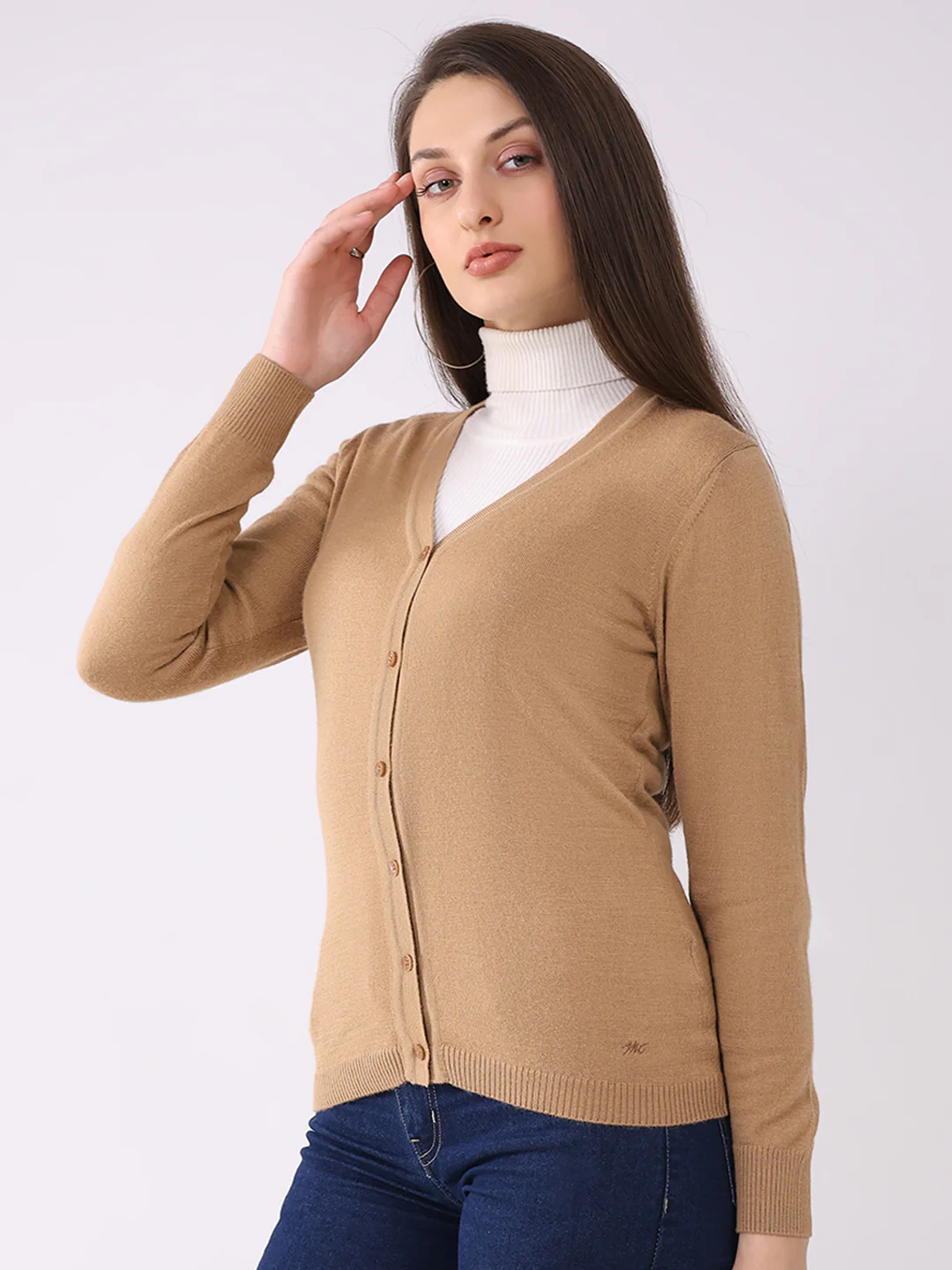 Women Khaki Solid V Neck Full Sleeve Cardigan - Image 3