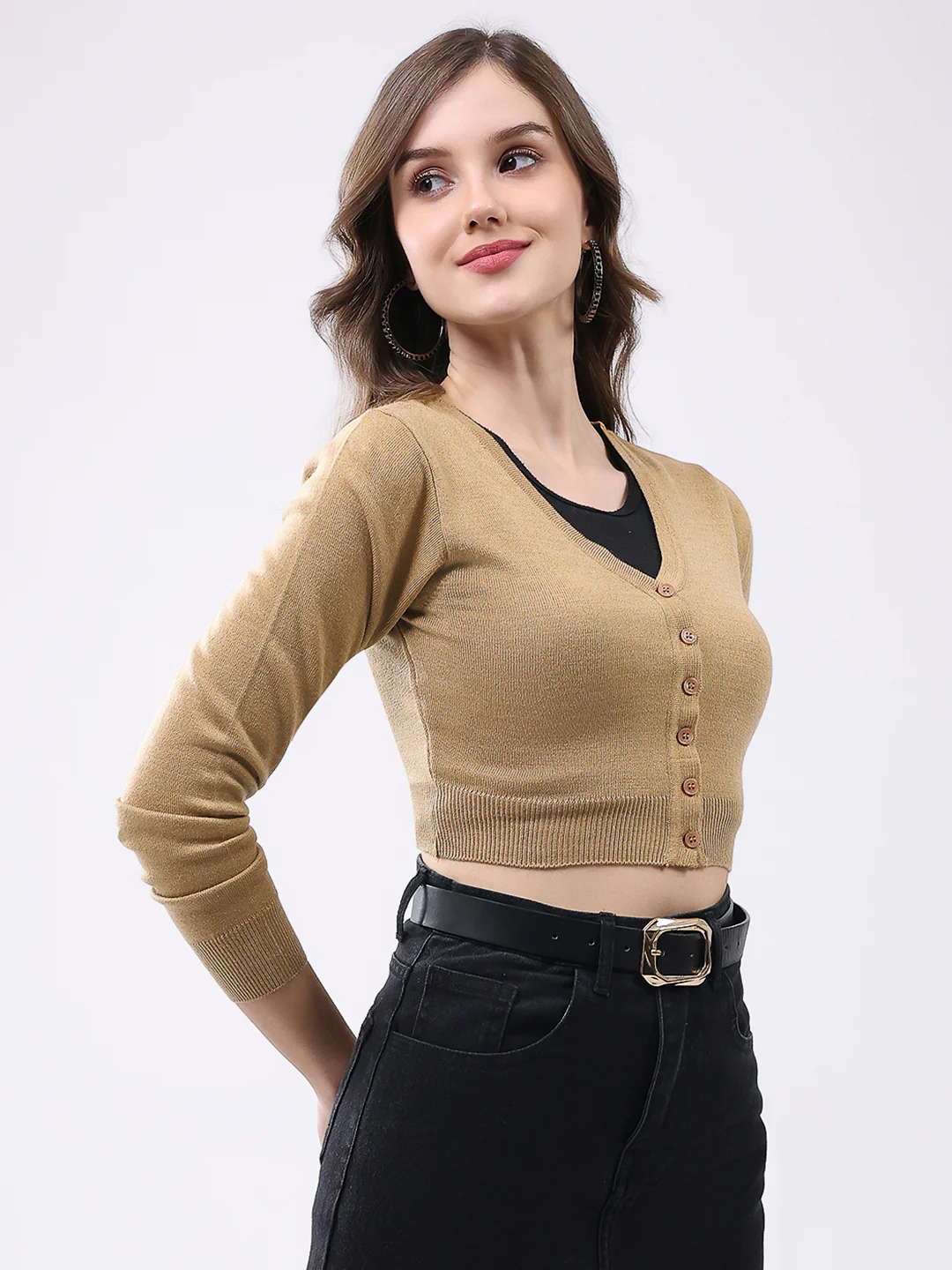 Women Khaki Solid V Neck Full Sleeve Cardigan - Image 4