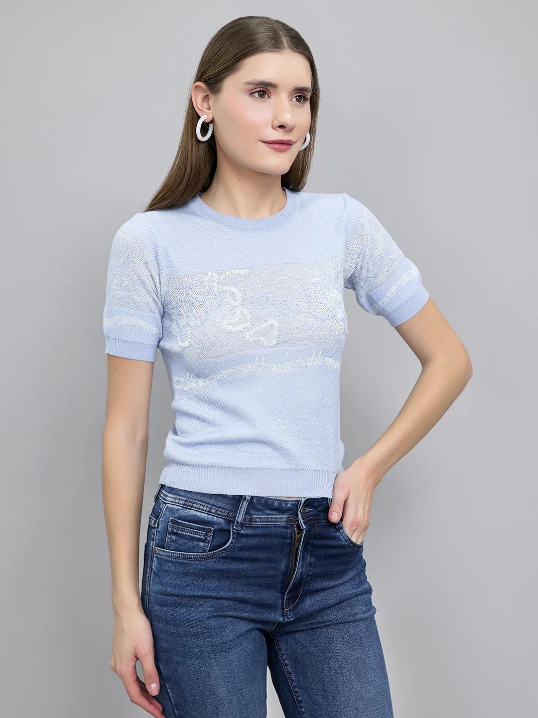 Women Light Blue Jacquard Round Neck Half Sleeve Top - Image 3