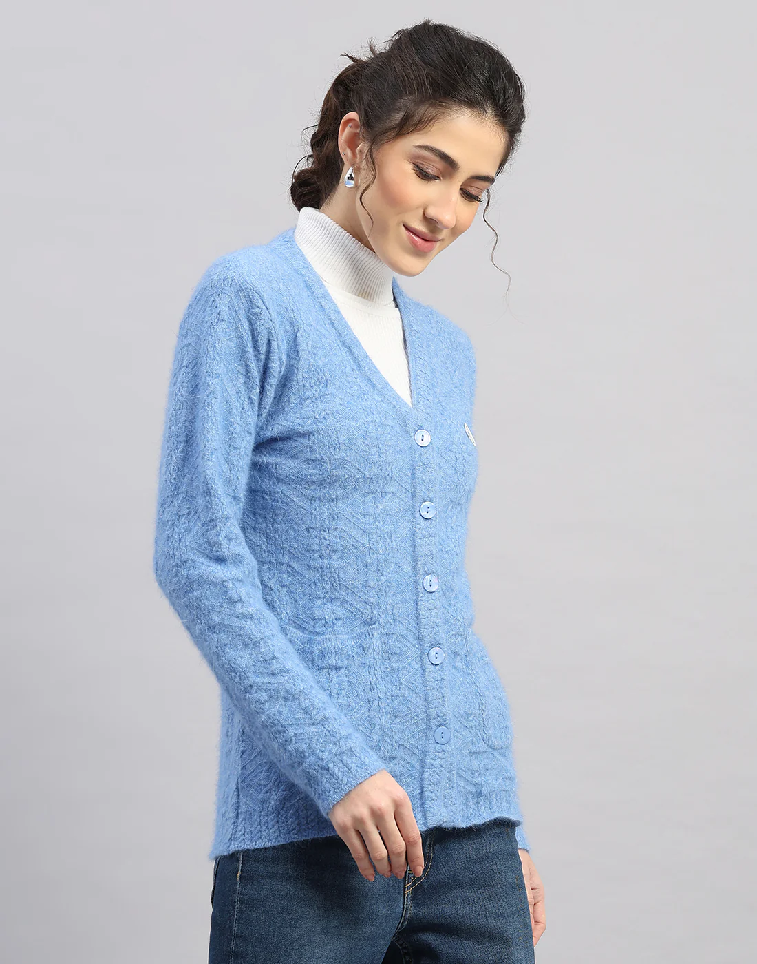 Women Light Blue Self Design V Neck Full Sleeve Cardigan - Image 3