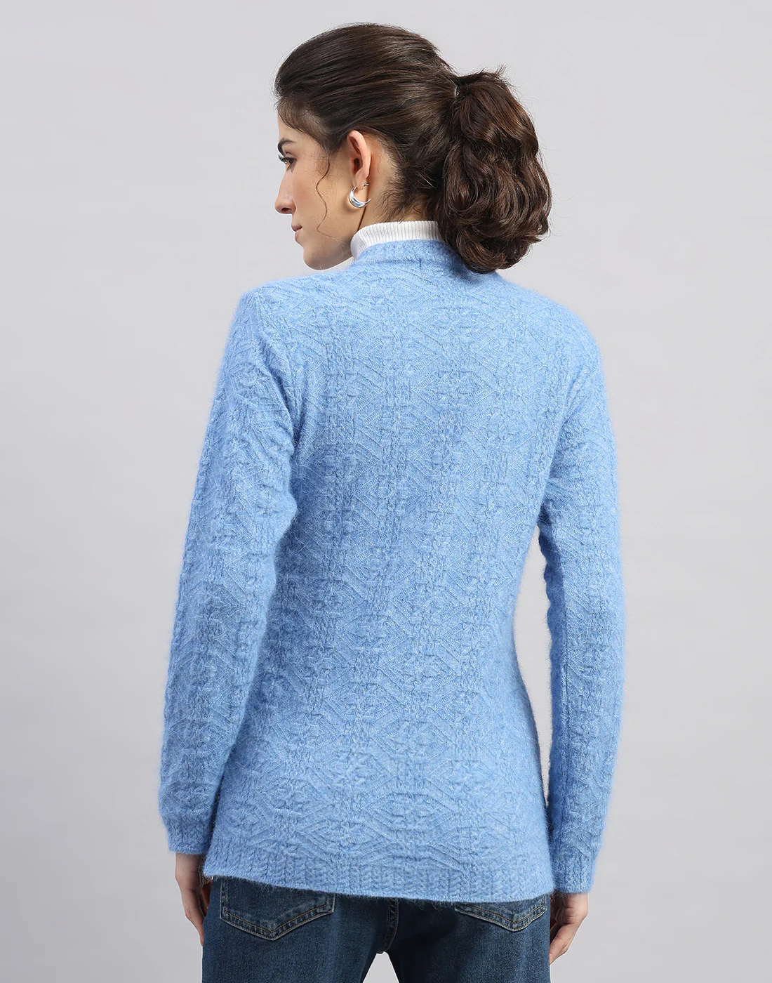 Women Light Blue Self Design V Neck Full Sleeve Cardigan - Image 4