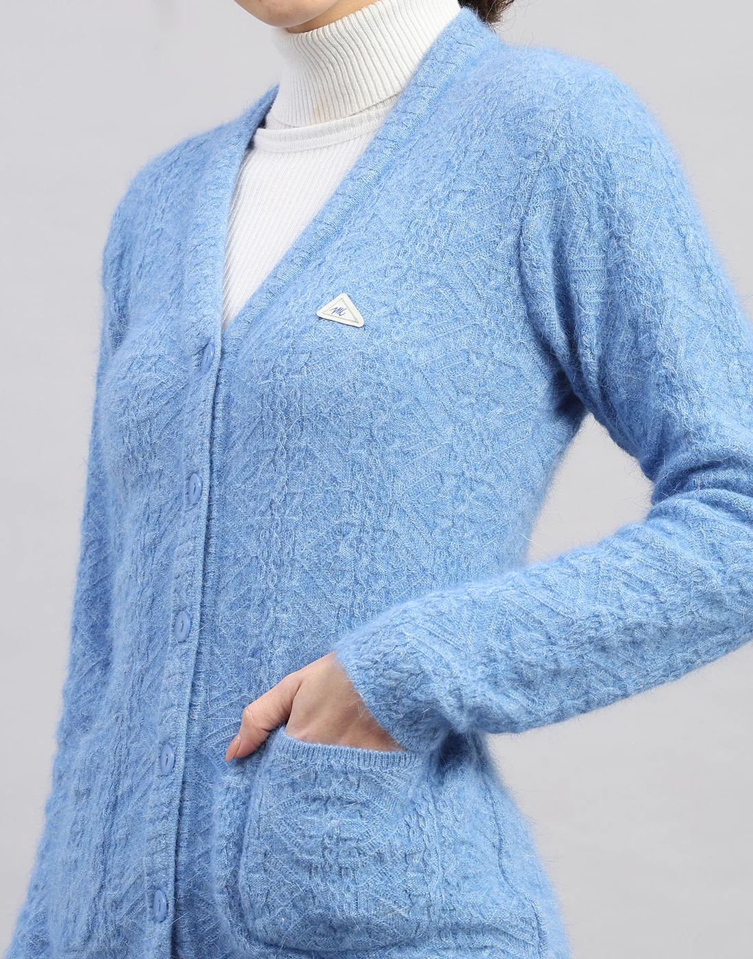 Women Light Blue Self Design V Neck Full Sleeve Cardigan - Image 7