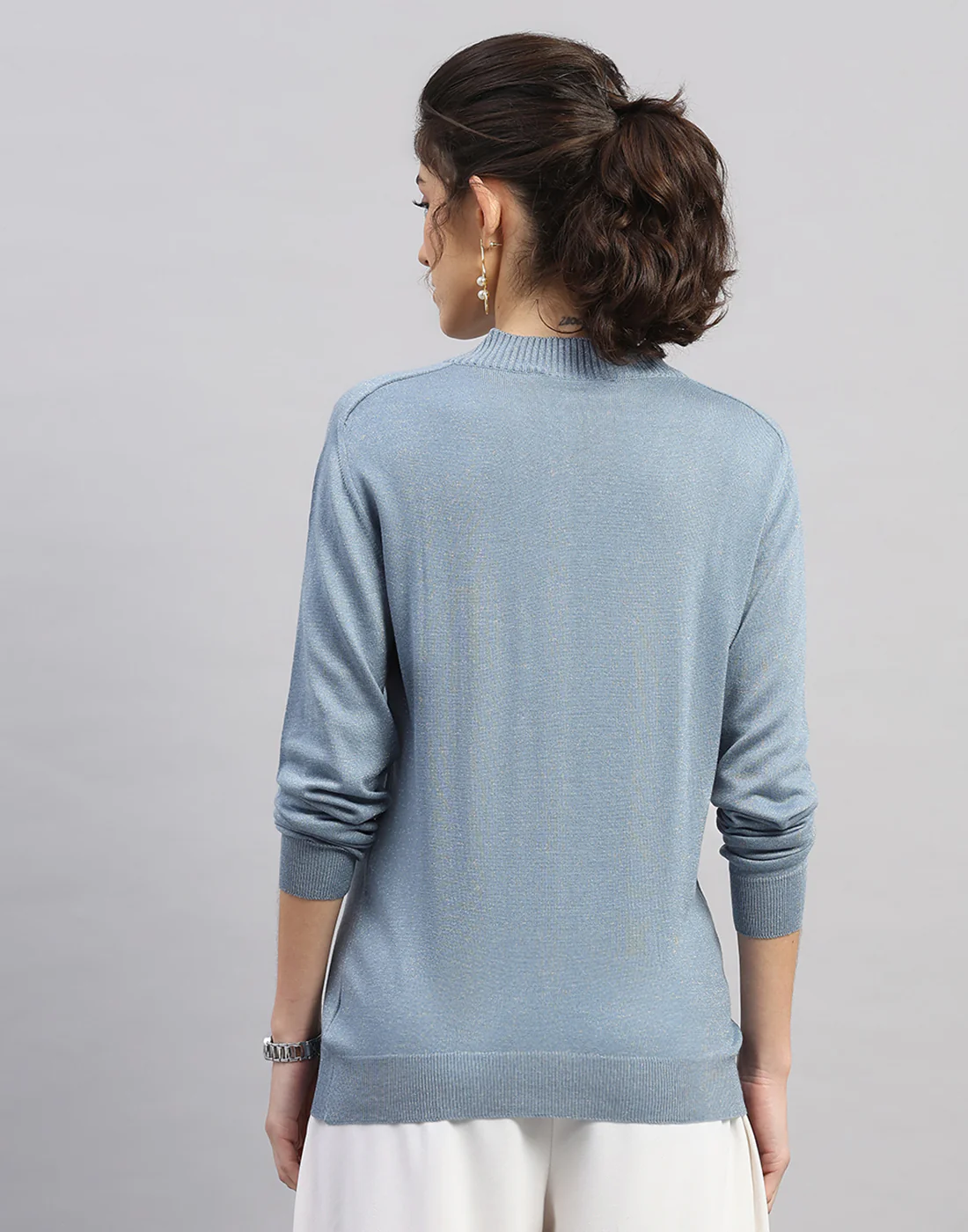 Women Light Blue Self Design V Neck Full Sleeve Winter Top - Image 4