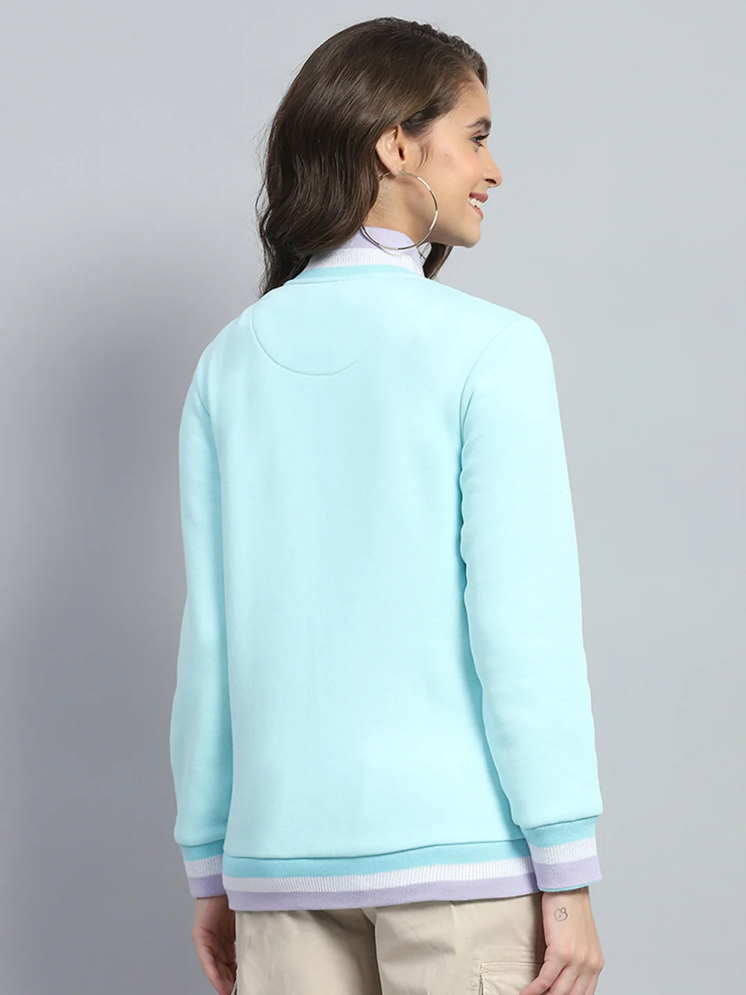 Women Light Blue Solid Mock Neck Full Sleeve Sweatshirt - Image 5