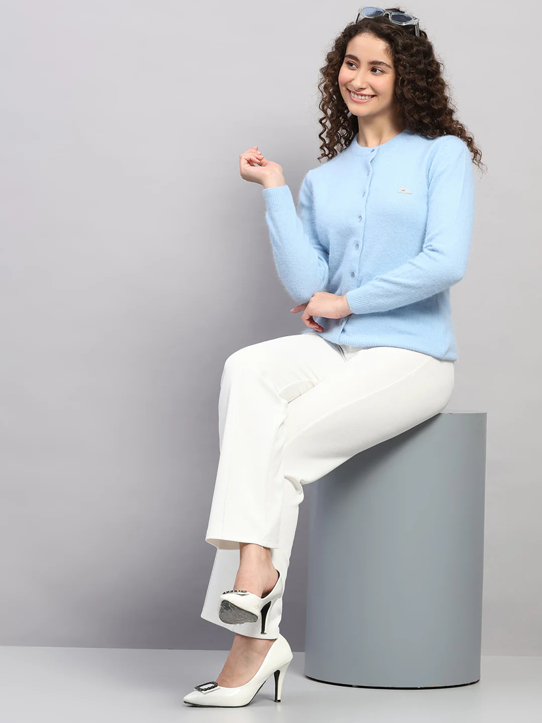Women Light Blue Solid Round Neck Full Sleeve Cardigan - Image 2