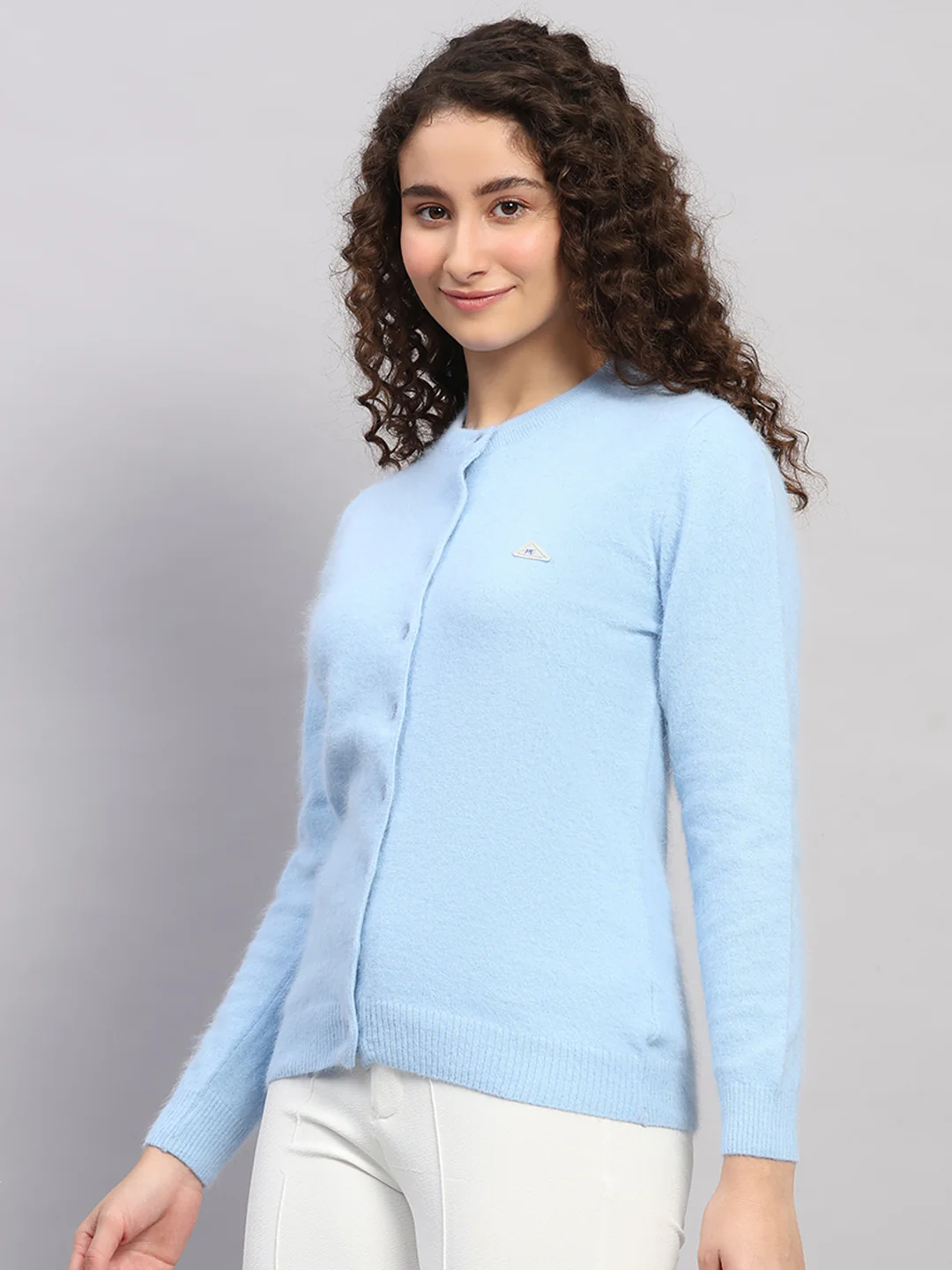 Women Light Blue Solid Round Neck Full Sleeve Cardigan - Image 3