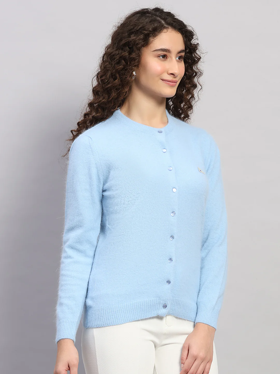 Women Light Blue Solid Round Neck Full Sleeve Cardigan - Image 4