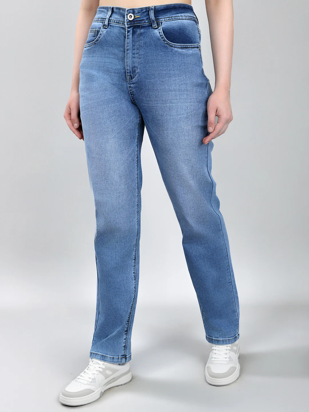 Women Light Blue Solid Straight Fit Denim - Image 2